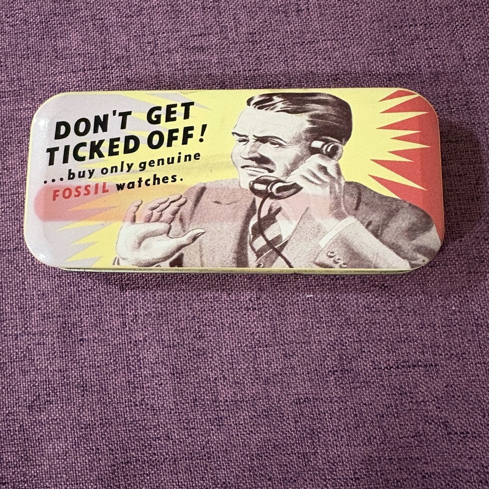 Vintage 1992 Collectible Fossil Watch tin “Don’t get Ticked Off” Tin only. PO